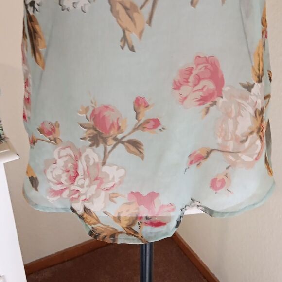 Wet Seal Blue and Pink Fitted Sheer Tank Top, Floral. Racer Back - Picture 3 of 8